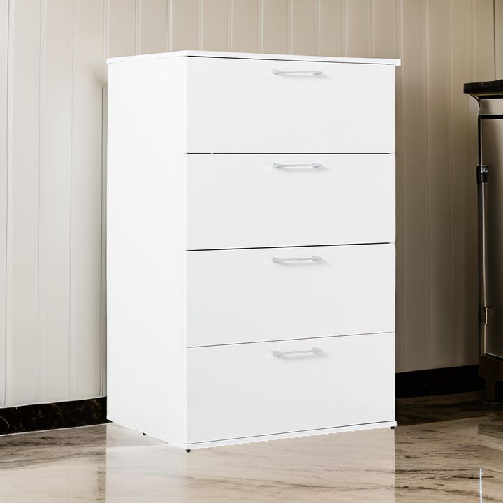Eli 48 Inch Tall Dresser Chest, 4 Big Storage Drawers, Glossy White Finish - Benzara
