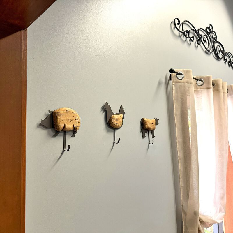 Farm Animal Wall Hooks Set Of 3 Wood Metal Farmhouse 7 In Brown Black image number 5