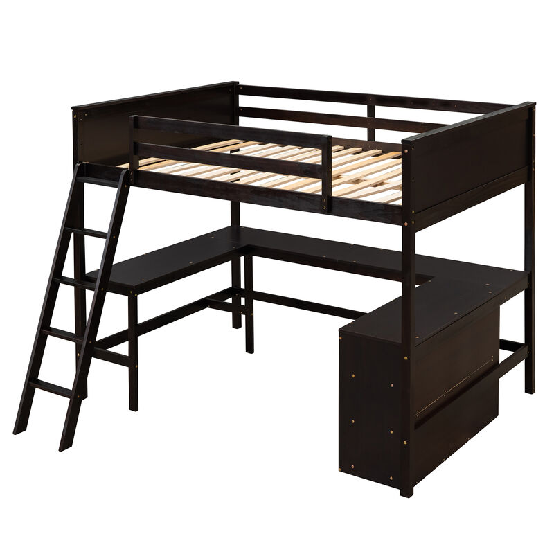 Whisen Modern Design Full Size Wooden Loft Bed with Shelves and Desk