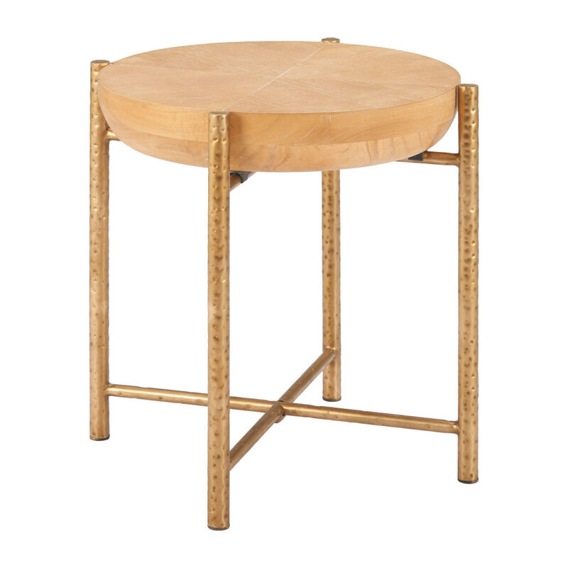 HomeRoots 22" Natural and Gold Wood and Stainless Steel Round End Table image number 0