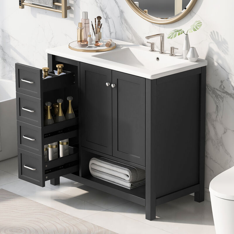 Merax Freestanding Bathroom Vanity with Ceramic Basin (3 Faucet Holes), Two-Door Cabinet & Drawers image number 2
