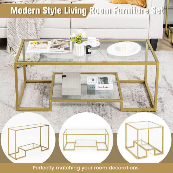 Modern 2-Tier Rectangular Coffee Table with Glass Table Top-Golden