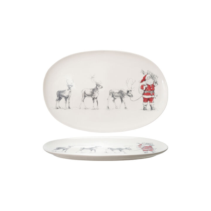 Oval Stoneware Serving Platter with Santa Leading Reindeer Image, Red, Black and White