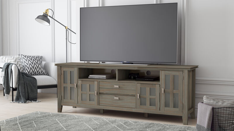 Artisan SOLID WOOD 72 inch Wide Transitional TV Media Stand in Distressed Grey For TVs up to 80 inches