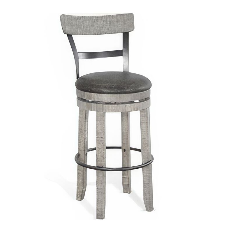 Zeka Swivel Barstool Chair Set of 2, Faux Leather, Gray Mahogany Wood - Benzara