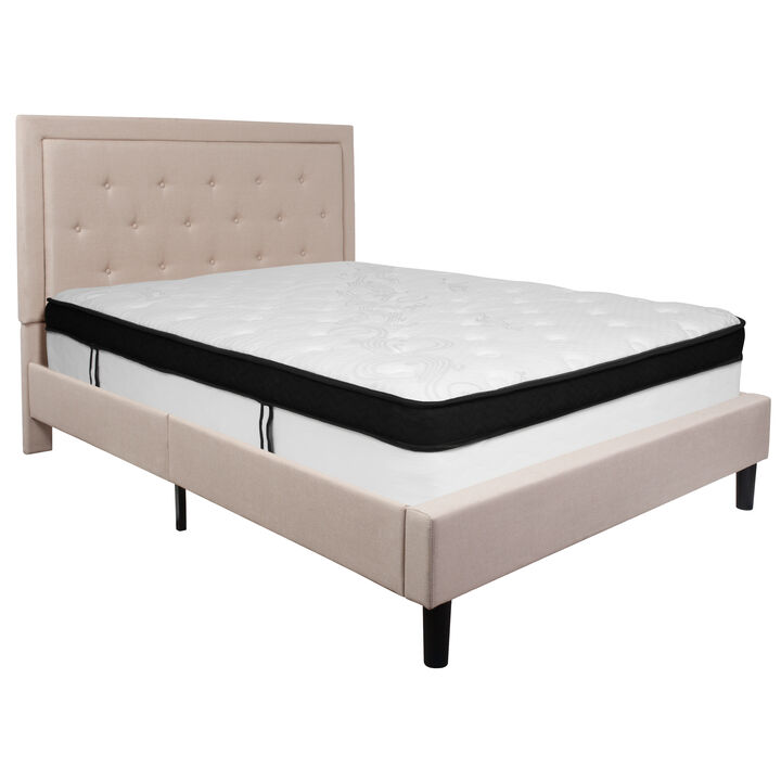 Roxbury Queen Size Tufted Upholstered Platform Bed in Beige Fabric with Memory Foam Mattress