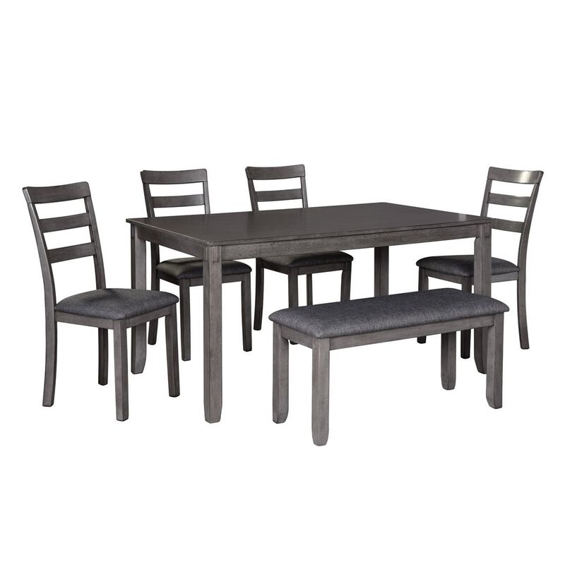6 Piece Wooden Dining Table Set with Padded Chairs and Table, Gray - Benzara