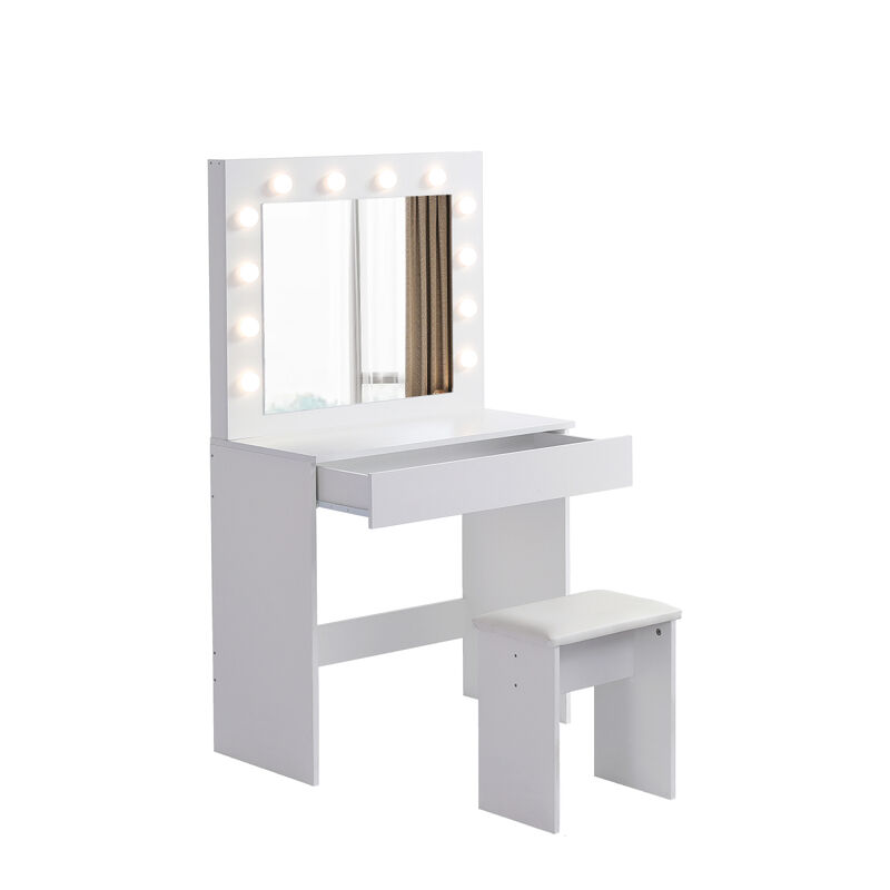 Vanity table with large lighted mirror, makeup vanity dressing table with drawer, 1pc upholstered stool, 12 light bulbs and adjustable brightness, white color
