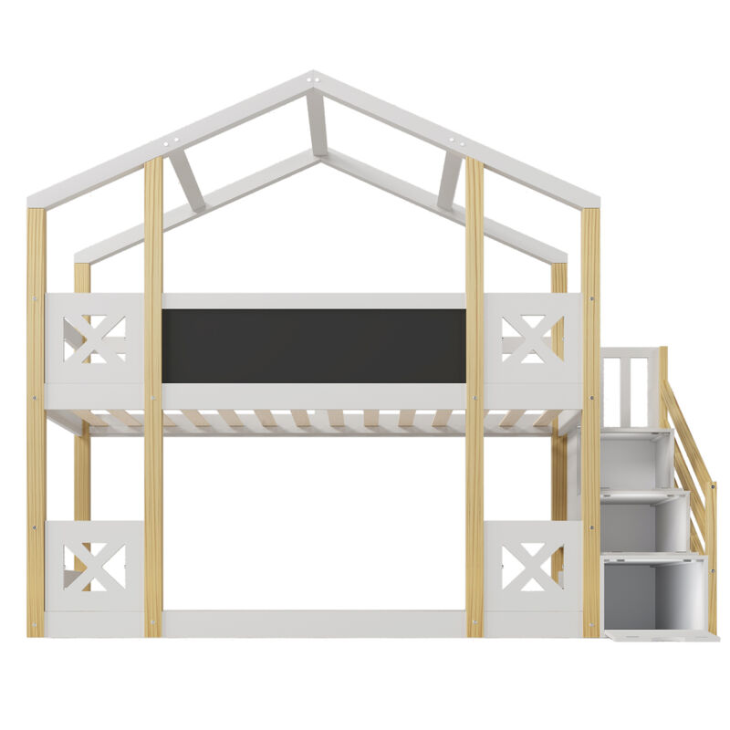 Twin over Twin House Bunk Bed with White Storage Staircase and Blackboards, White