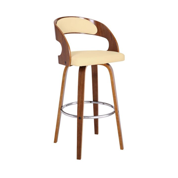 Hivvago 30 Inch Cream and Brown Fabric and Iron Low Back Bar Height Swivel Bar Chair