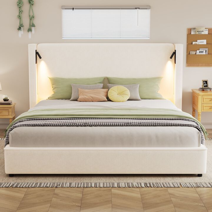 Christopher Knight Home Walter Wood Upholstered Platform Bed with Headboard and Reading Lamp