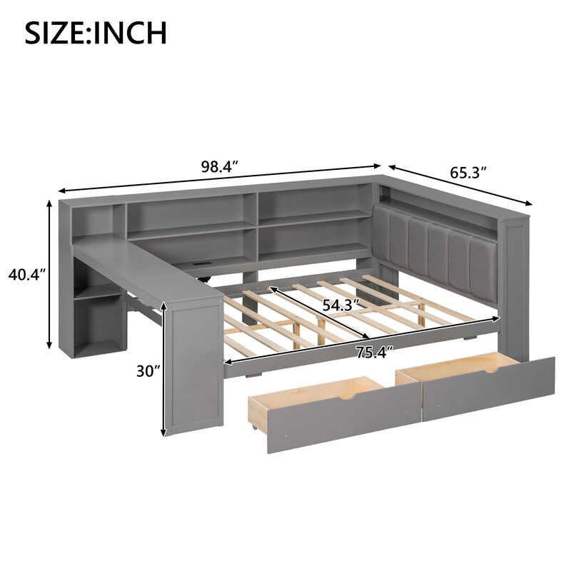 Merax Bed with Storage Shelves, Drawers, Charging Station, LED image number 9