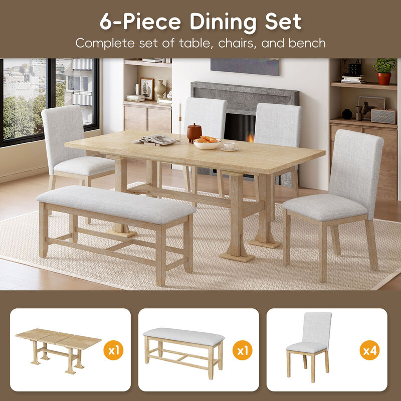 Merax Expandable Dining Table Set with 4 Cushioned Chairs & Sturdy Bench, Solid Wood Construction image number 4