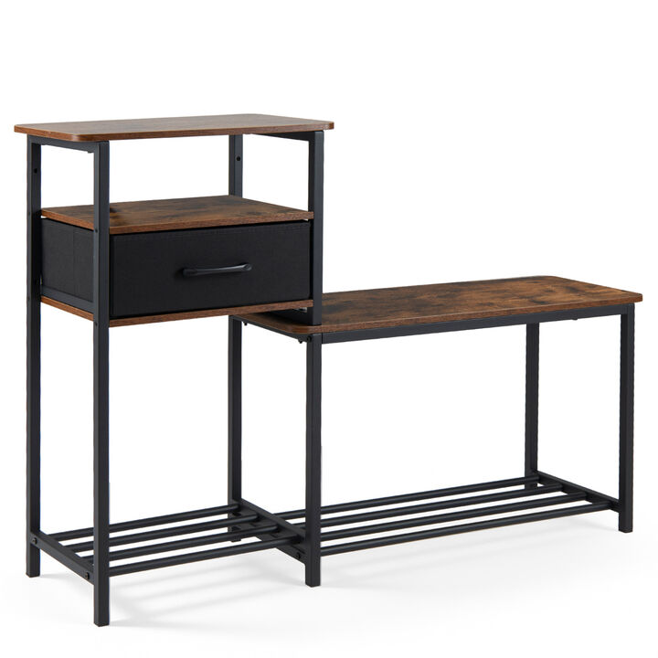 Modern Shoe Storage Rack Bench with Drawer and Metal Frame - Rustic Brown