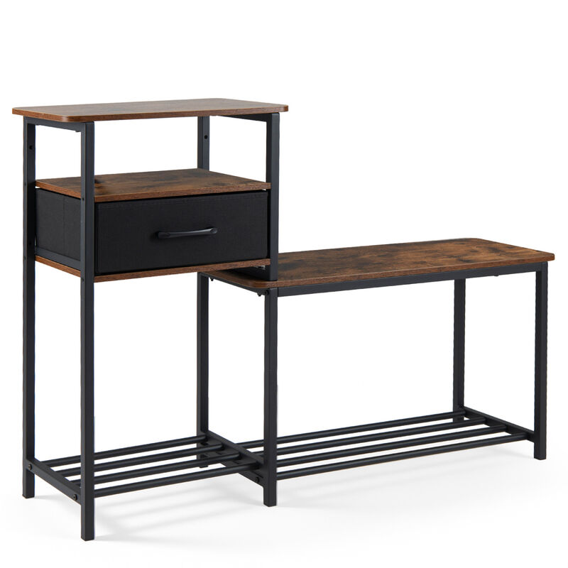 Modern Shoe Storage Rack Bench with Drawer and Metal Frame - Rustic Brown image number 0