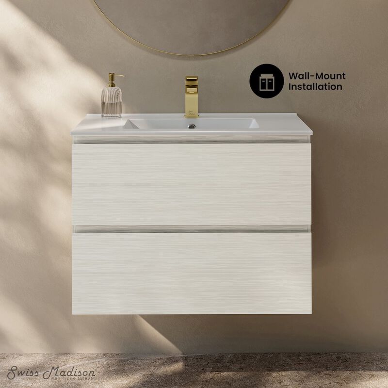 Liberte 30" Wall-Mounted Bathroom Vanity in White Oak with Sink Top image number 1