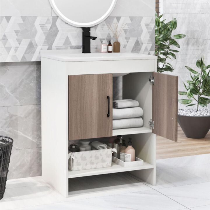 Hivvago 25 Inch Bathroom Vanity Sink Combo Cabinet with Doors and Open Shelf