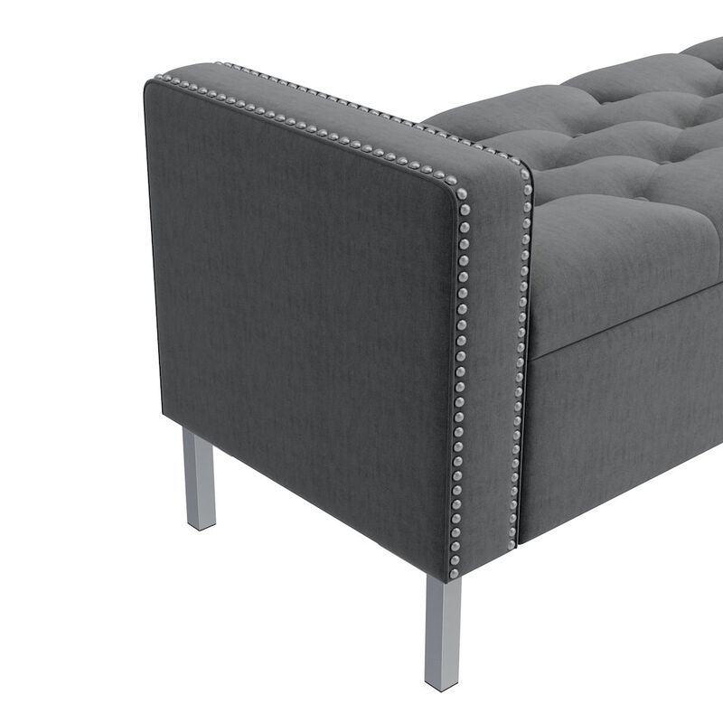 HL Home Furnishings Square Arm Tufted Storage Ottoman in Charcoal Gray Velvet