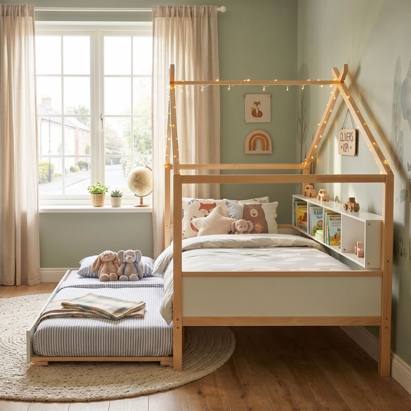 Merax win House-Shaped Kids Bed with Pull-Out Trundle, 4 Built-In Bookshelves image number 4
