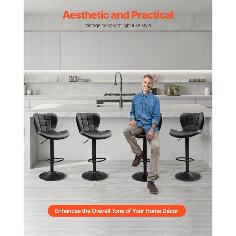 Set of 2 Modern PU Leather Bar Stools with Back, Swivel, Adjustable Height for Kitchen Island-Black image number 3