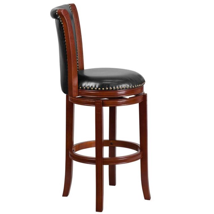 Flash Furniture 30'' High Dark Chestnut Wood Barstool with Panel Back and Black LeatherSoft Swivel Seat