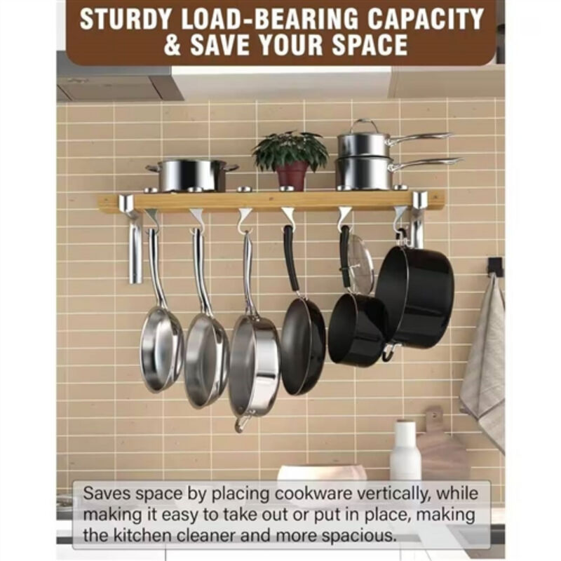 Metal & Wood Wall Pot Rack Hanging Kitchen Organizer with 6 Adjustable Swivel Hooks