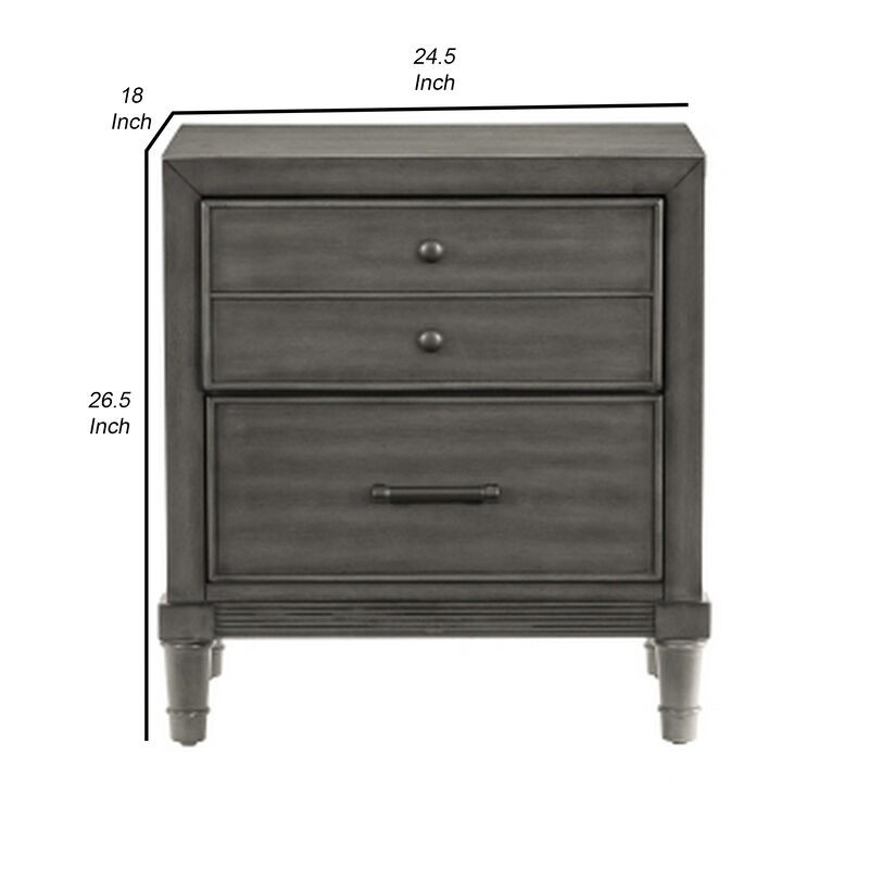 Ceila 27 Inch Classic 2 Drawer Nightstand, Round Tapered Legs, Gray Finish - Benzara