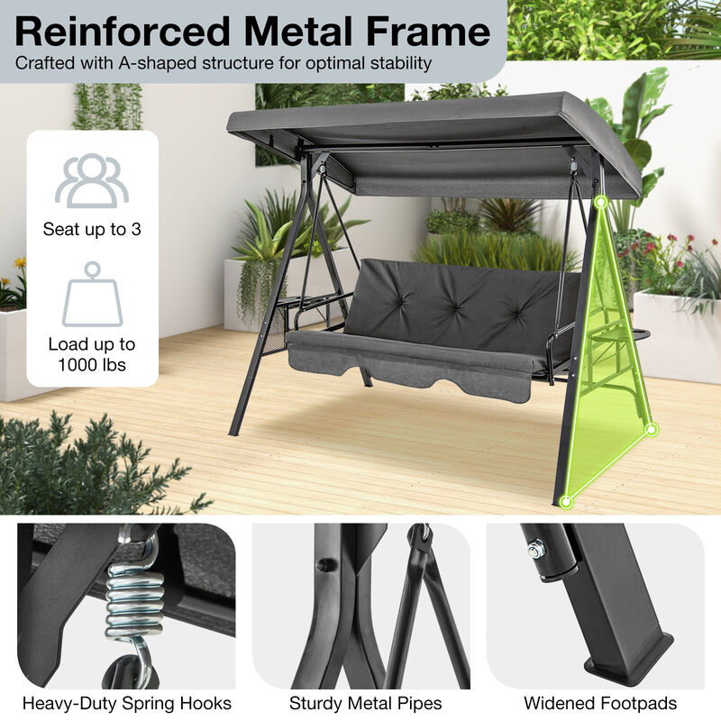 Convertible 3-Seat Patio Porch Swing Chair with Flat Bed and Adjustable Canopy image number 4