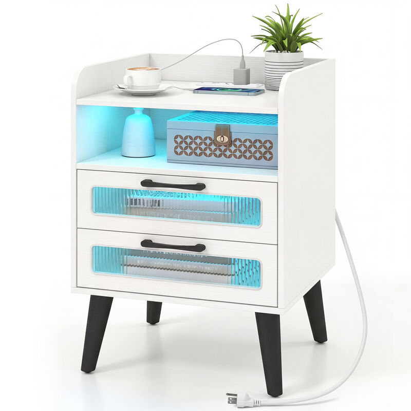 Modern Nightstand with LED Lights, Charging Station and Storage Drawer image number 6