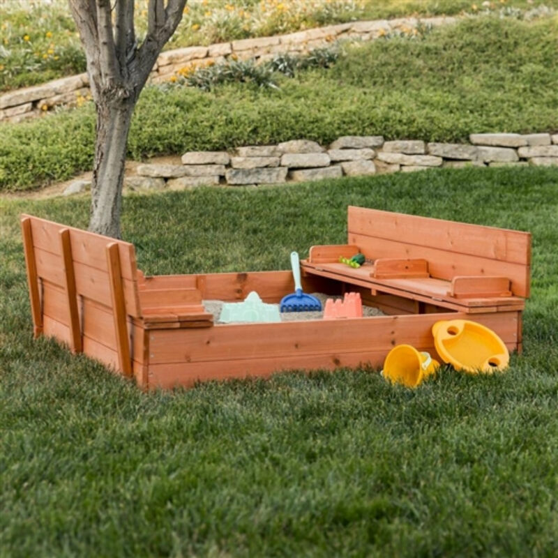 Sturdy Cedar Kids Sandbox with Built-In Seated Bench and Covered Play Area