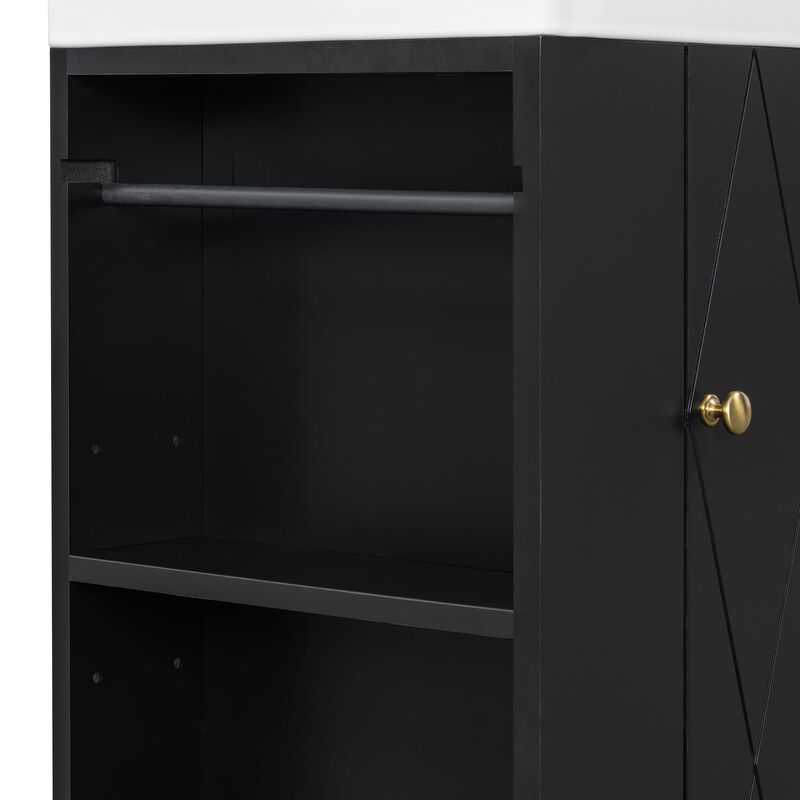 20 Inch Bathroom Vanity with Ceramic Sink Diamond Pattern Door Gold Handle Side Shelves and Towel Bar