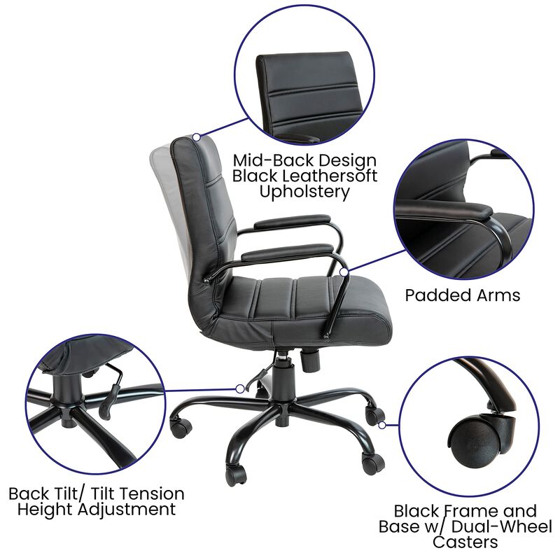 Flash Furniture Whitney Mid-Back Desk Chair - Black LeatherSoft Executive Swivel Office Chair with Black Frame - Swivel Arm Chair