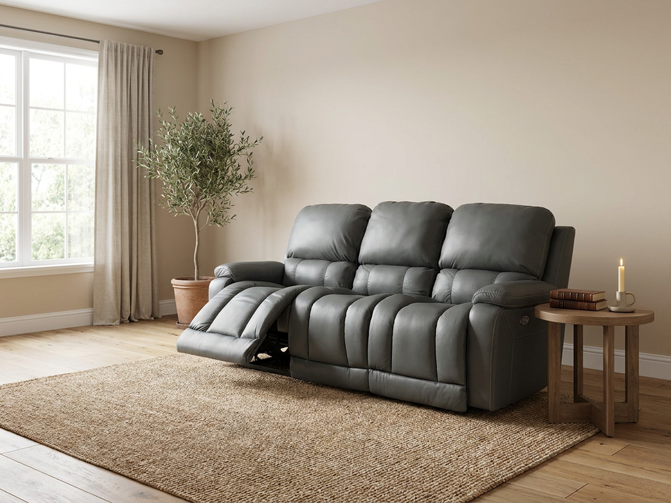 Greyson Blue Gray Leather Power Reclining Sofa with Adjustable Headrest