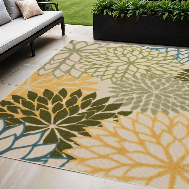 HomeRoots 5' X 8' Green Yellow And Blue Floral Indoor Outdoor Area Rug image number 1