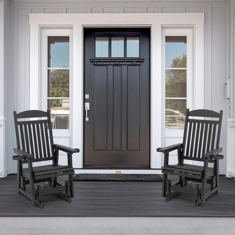 Poly Lumber Patio Glider for One Person, Ergonomic Deep Seat and High Backrest, with Removable Cup Holders, Wood-Like Pattern, Heavy Duty 700 LBS, for Outdoor Patio Garden Yard (Black)