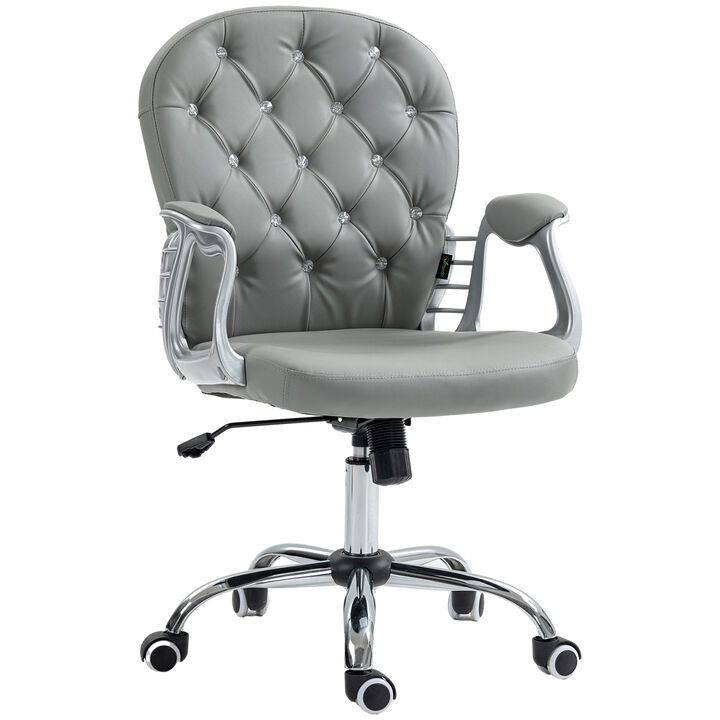 Vinsetto PU Leather Home Office Chair, Button Tufted Desk Chair with Padded Armrests, Adjustable Height and Swivel Wheels, Gray