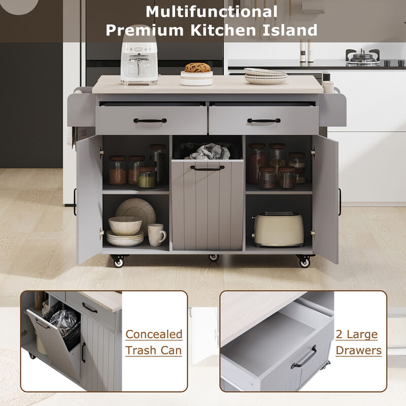 Merax Rolling Kitchen Island with Tilt-Out Trash Cabinet, Drop Leaf, 2 Drawers, 2 Cabinets image number 4