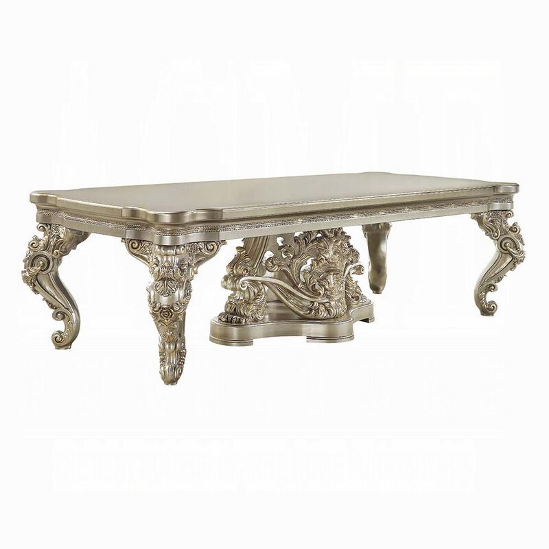 Mas Dining Table, Classical Carved Design, Champagne Gold, 110 Inch