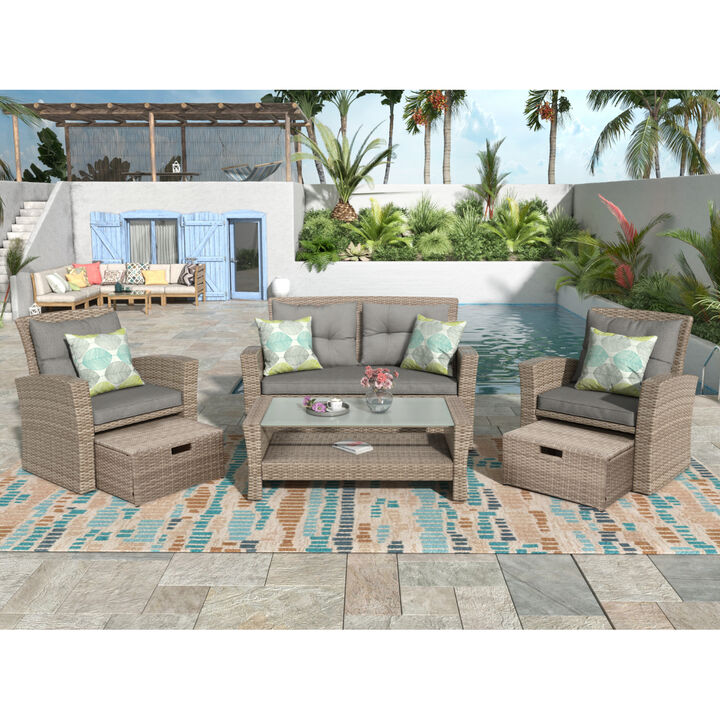 Patio Furniture Set, 4 Piece Outdoor Conversation Set All Weather Wicker Sectional Sofa with Ottoman and Cushions