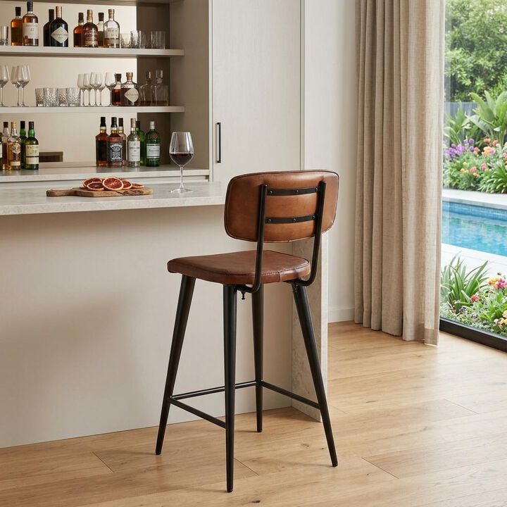 HomeRoots 28" Brown And Black Genuine Leather And Iron Bar Chair