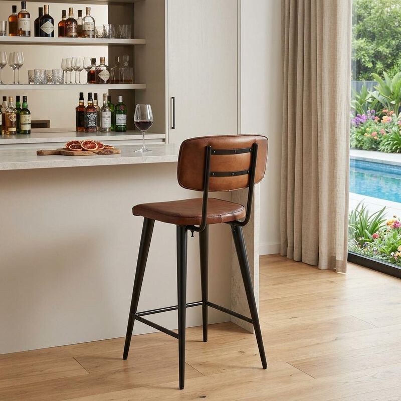 HomeRoots 28" Brown And Black Genuine Leather And Iron Bar Chair image number 1