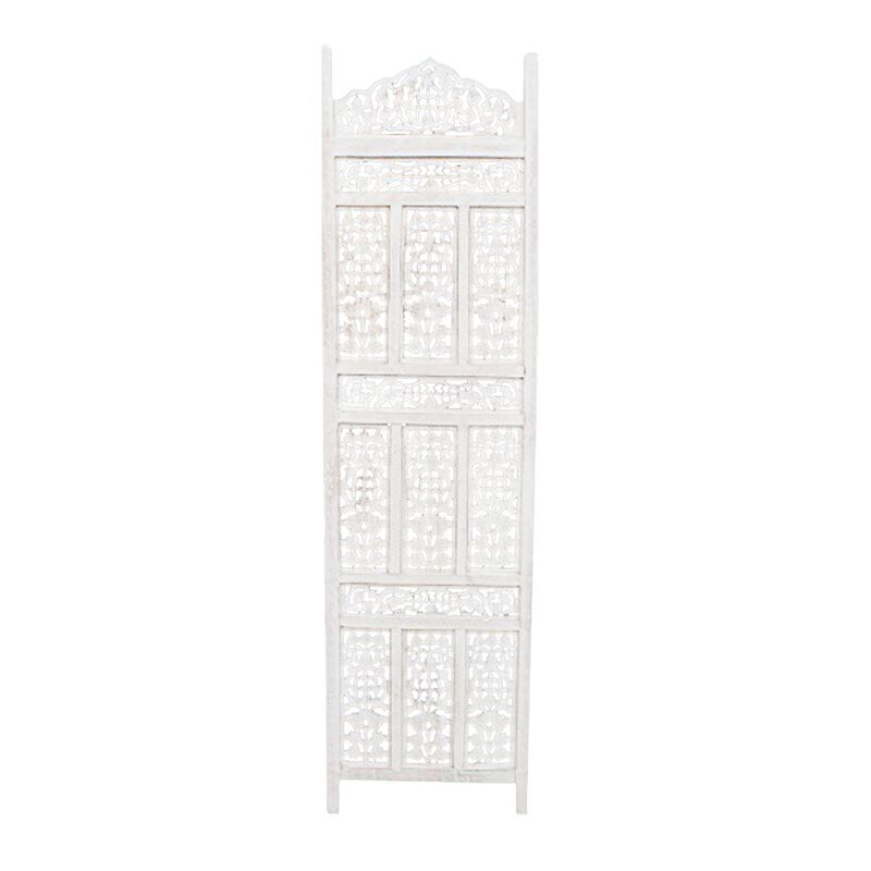Aesthetically Carved 4 Panel Wooden Partition Screen/Room Divider, Distressed White-Benzara