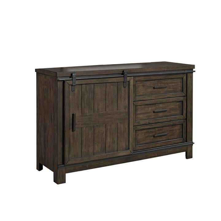 Liberty Furniture Thornwood Hills Barn Door Dresser in Rock Beaten Brown w/ Saw Cuts