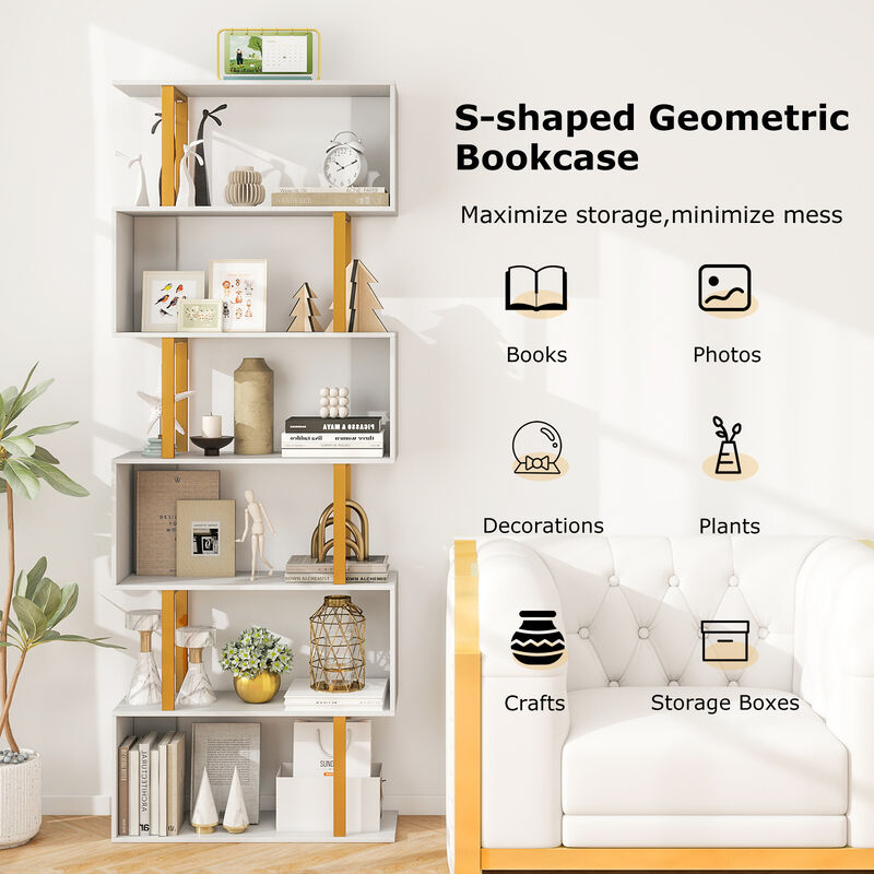 6-Tier Geometric Bookcase with Metal Frame and Dual Anti-Tipping Kits