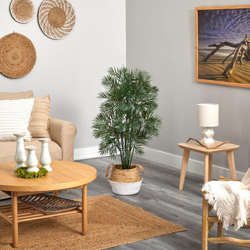 Hivvago 4 Feet Parlor Palm Artificial Tree in Boho Chic Handmade Cotton & Jute White Woven Planter