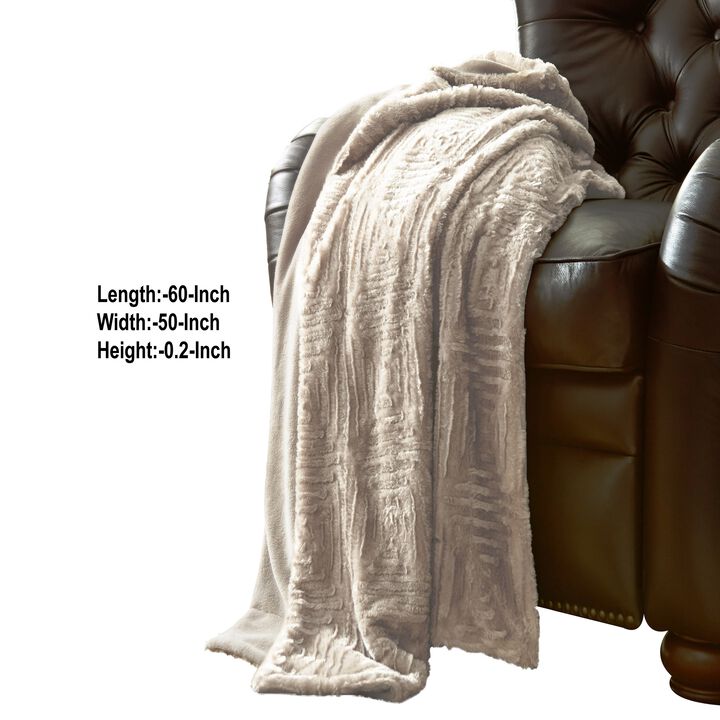 60 Inch Throw Blanket, Faux Fur, Fretted Design, Machine Washable, Cream-Benzara