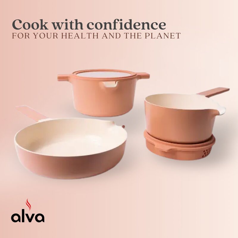 Alva Neat 5-in-1 Ceramic Nonstick Cookware Nesting Set, Recycled Aluminum Non-Toxic PFAS, PFOA, PTFE Free, Frying Pan, Cookware Set Compatible with All Cooktops, Induction Safe, Oven Safe