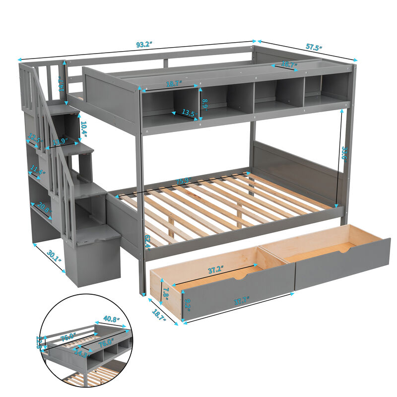 Whisen Twin over Full Bunk Bed with Shelfs, Storage Staircase and 2 Drawers- White