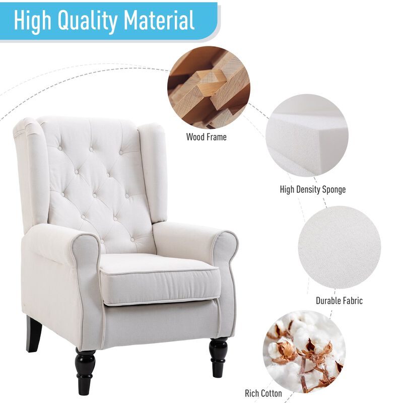 Cream White Elegant Pair: Set of 2 Tufted Wingback Accent Chairs