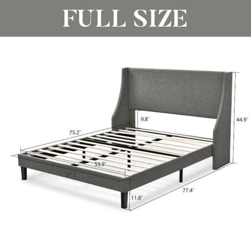 Hivvago Full Size Grey Linen Blend Upholstered Platform Bed with Wingback Headboard